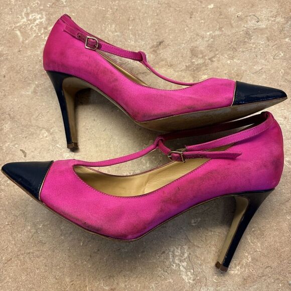 J Crew Women Pink Satin Heels Navy Blue Patent Leather Toe Heels T Strap 8.5 - Picture 7 of 11